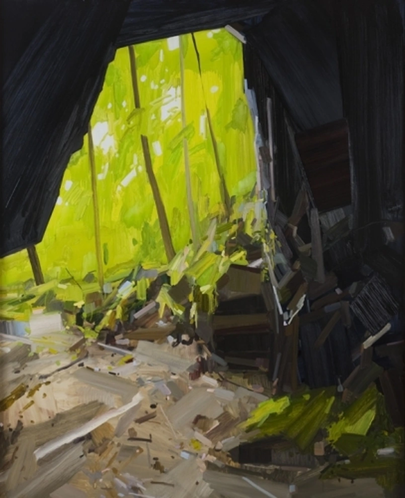 Painting of a dark cave opening looking out onto bright green trees.