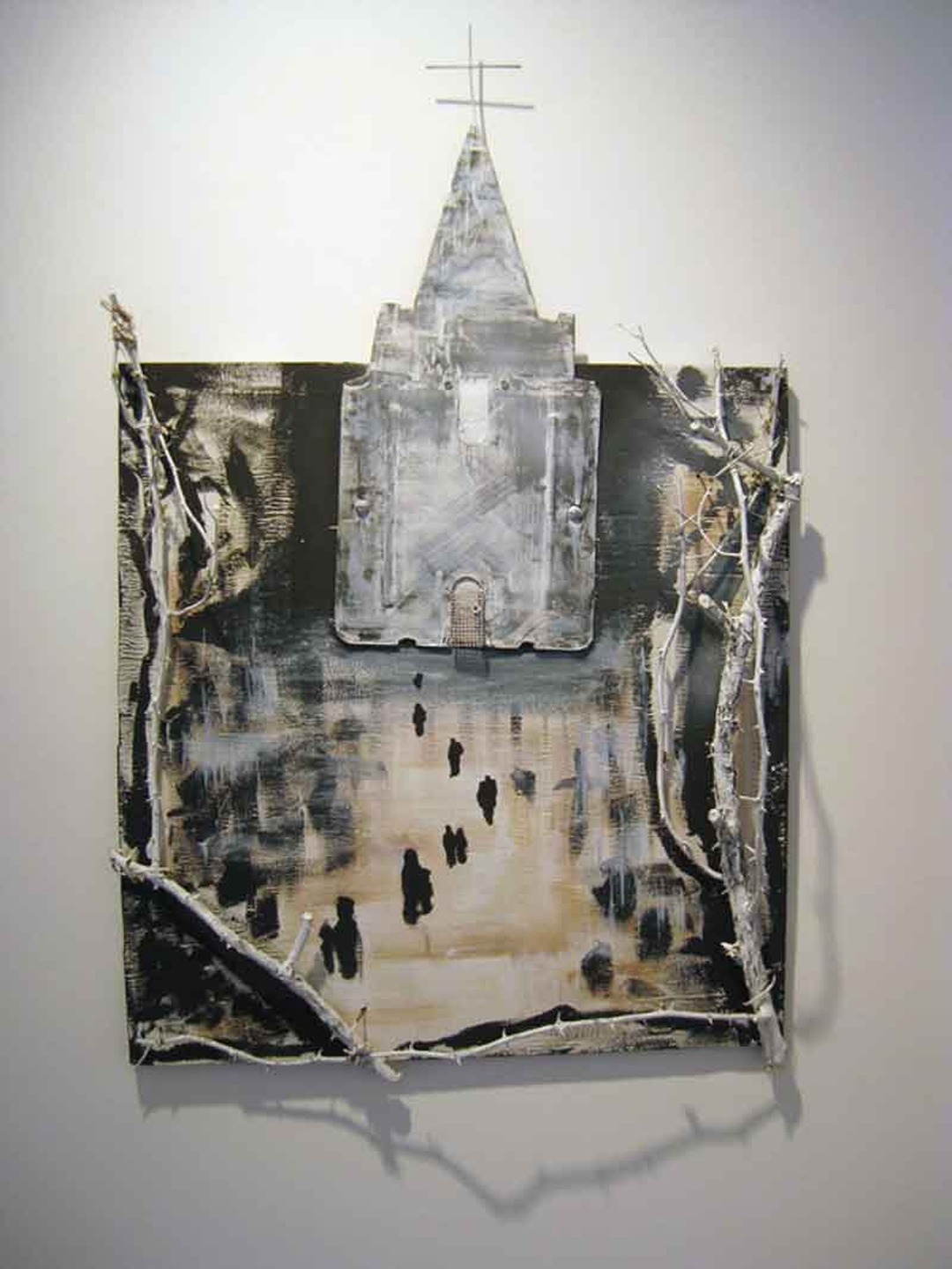 Dark painting of a chapel with small black figures approaching, framed with white branches