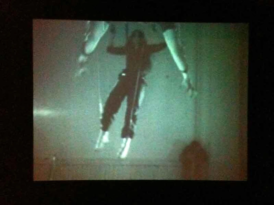 Dark projection of a figure suspended in mid-air.