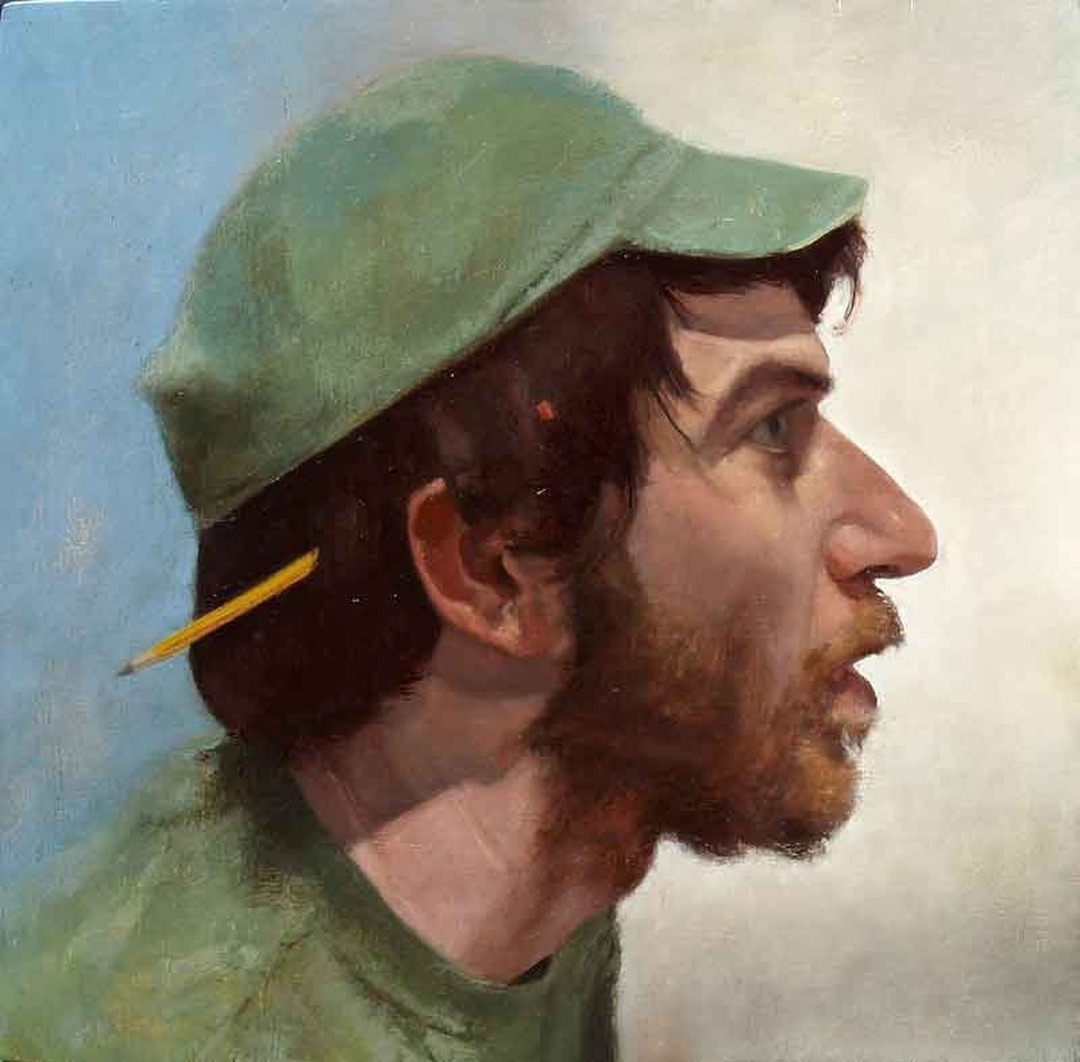 Oil painting profile of a man wearing a green ball cap with a pencil behind his ear, by Rob Anderson