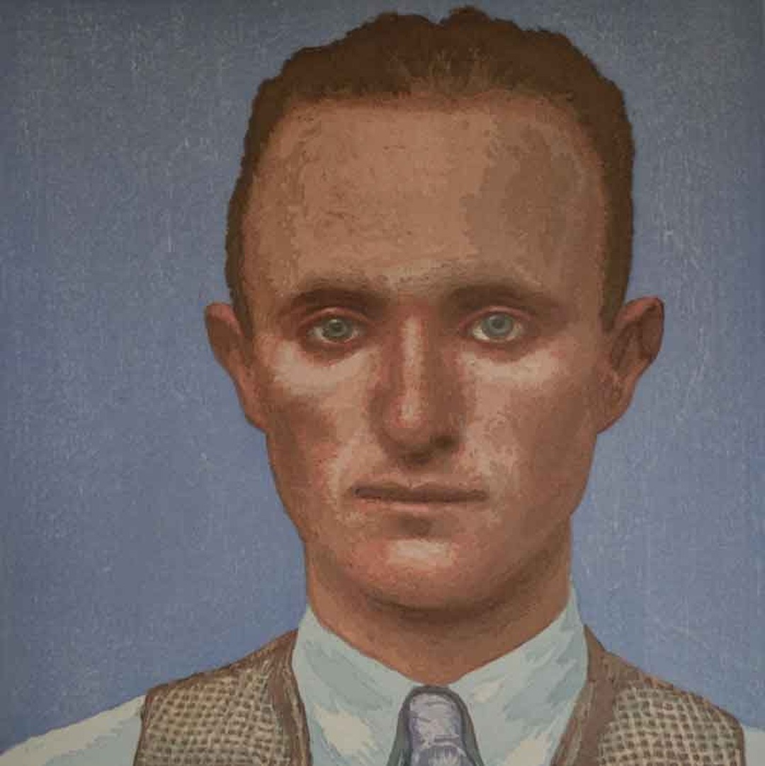 Moku hanga woodcut portrait of a dapper man in a suit, The Natty Mr. Tanner by Rick Finn