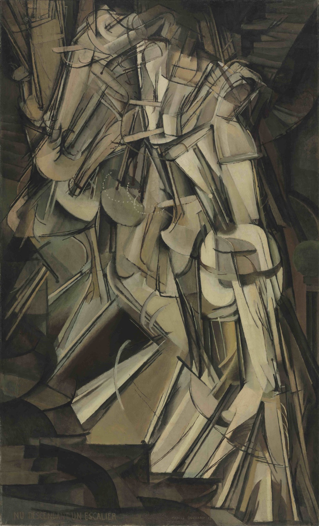 Marcel Duchamp, Nude Descending a Staircase, No. 2, 1912: an abstract figure in ochres and browns descending diagonally, composed of overlapping geometric planes suggesting motion.