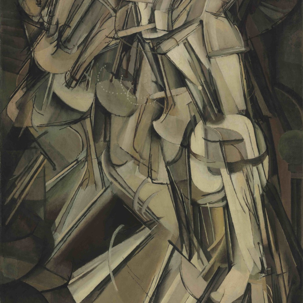 Marcel Duchamp, Nude Descending a Staircase, No. 2, 1912: an abstract figure in ochres and browns descending diagonally, composed of overlapping geometric planes suggesting motion.