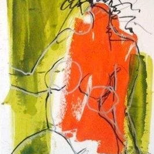 Abstract figurative painting in orange, red and green by Jackie Frey.