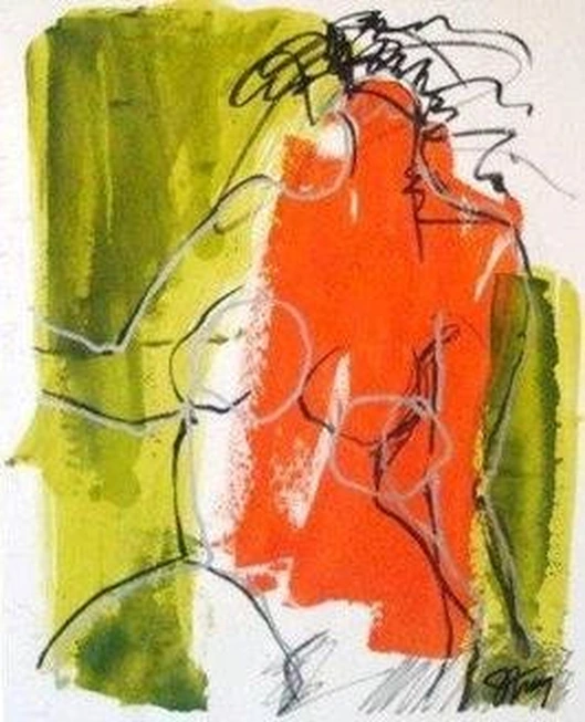 Abstract figurative painting in orange, red and green by Jackie Frey.