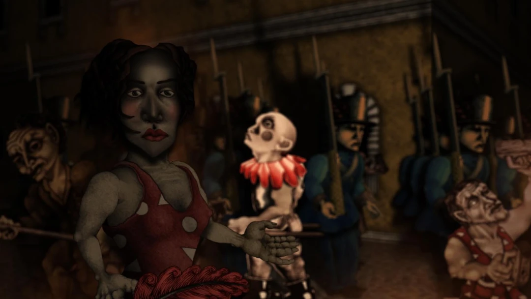 Scene from Jay Bolotin’s Kharmen: animated characters, including a woman in a polka-dot dress and a skull-faced figure, before a row of soldiers.