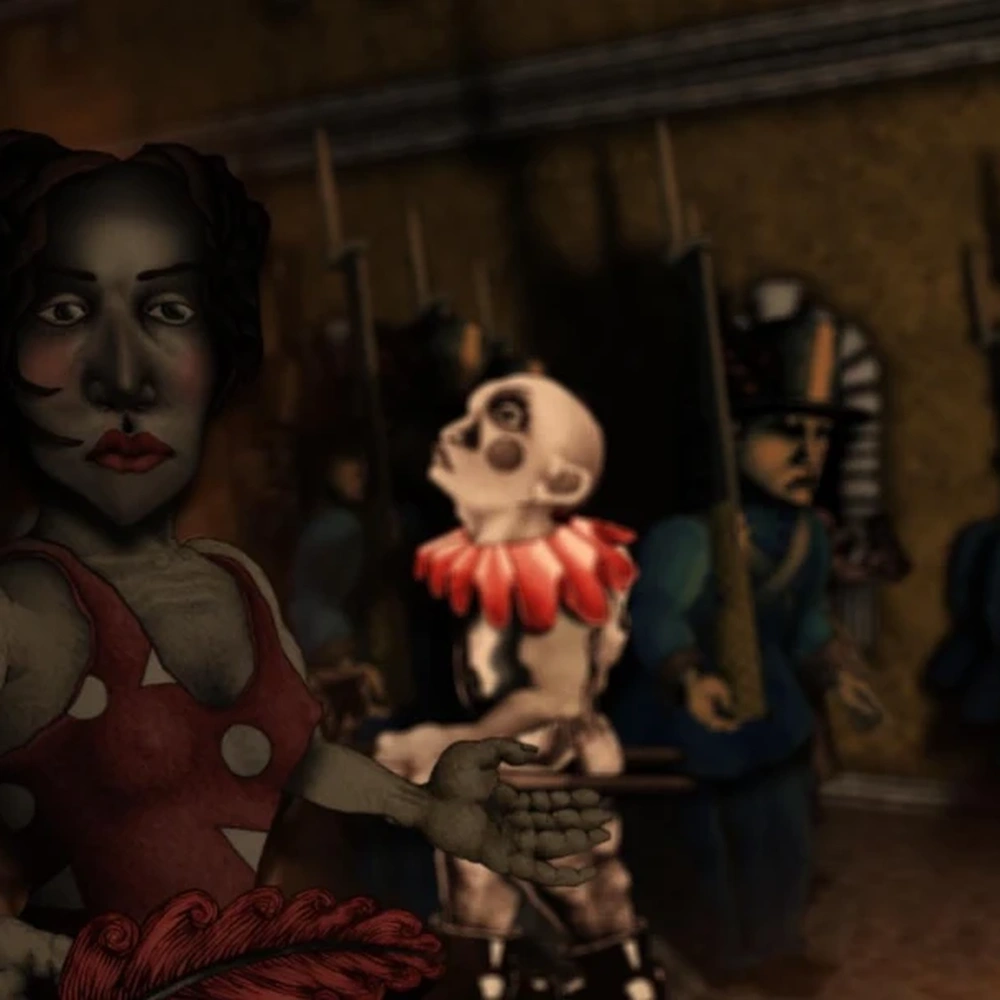 Scene from Jay Bolotin’s Kharmen: animated characters, including a woman in a polka-dot dress and a skull-faced figure, before a row of soldiers.