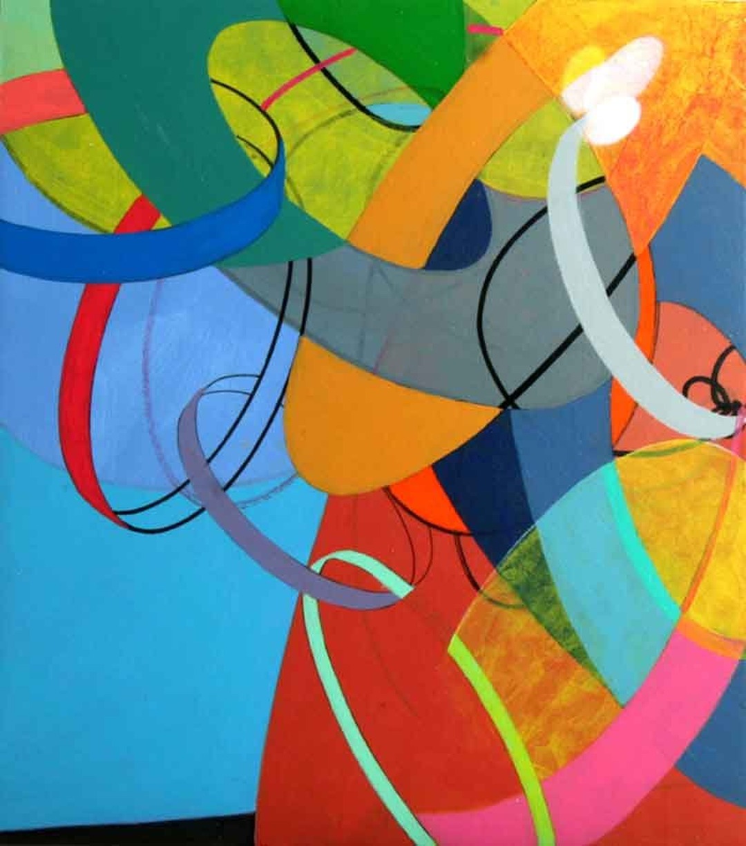 Abstract mandala-like drawing by Kim Krause with concentric circles and swirling ribbon motifs in blue and earth tones