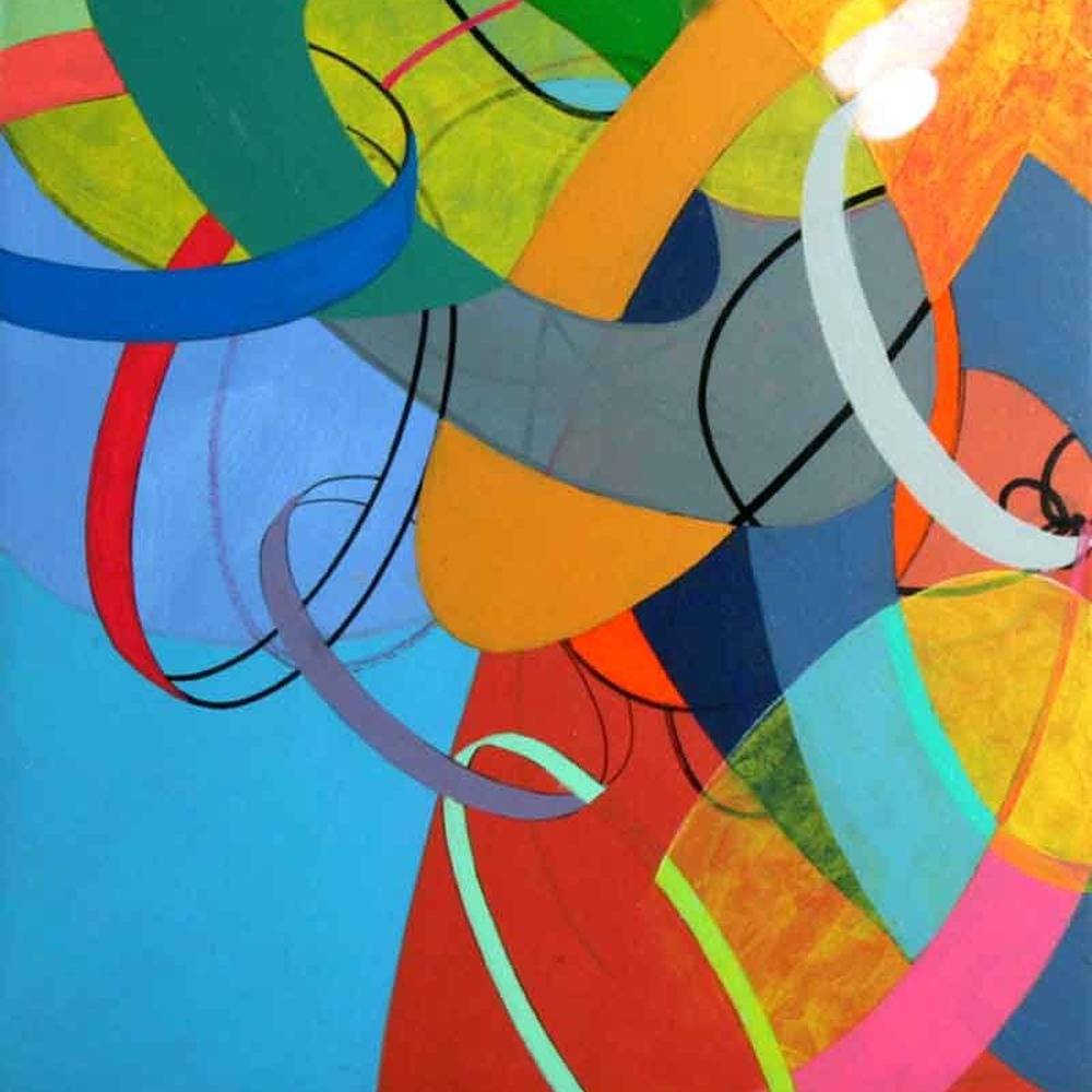 Abstract mandala-like drawing by Kim Krause with concentric circles and swirling ribbon motifs in blue and earth tones