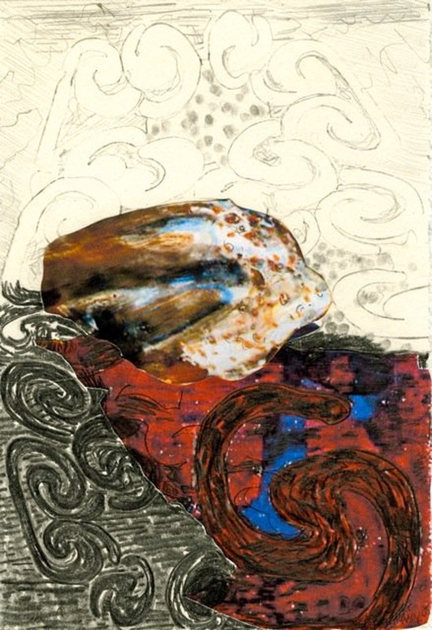 Abstract drawing by Frank Herrmann with sky motifs and interwoven symbolic shapes on a dark background