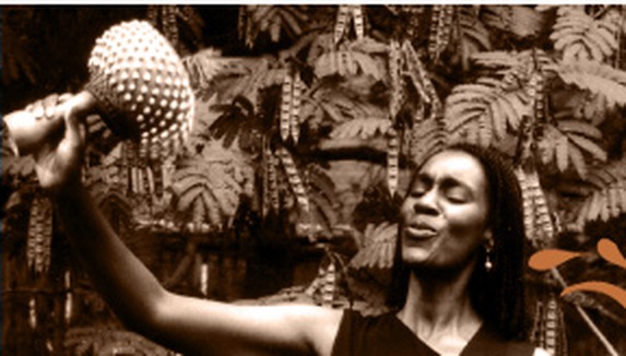 Storyteller Diane Macklin performing with a beaded gourd instrument.