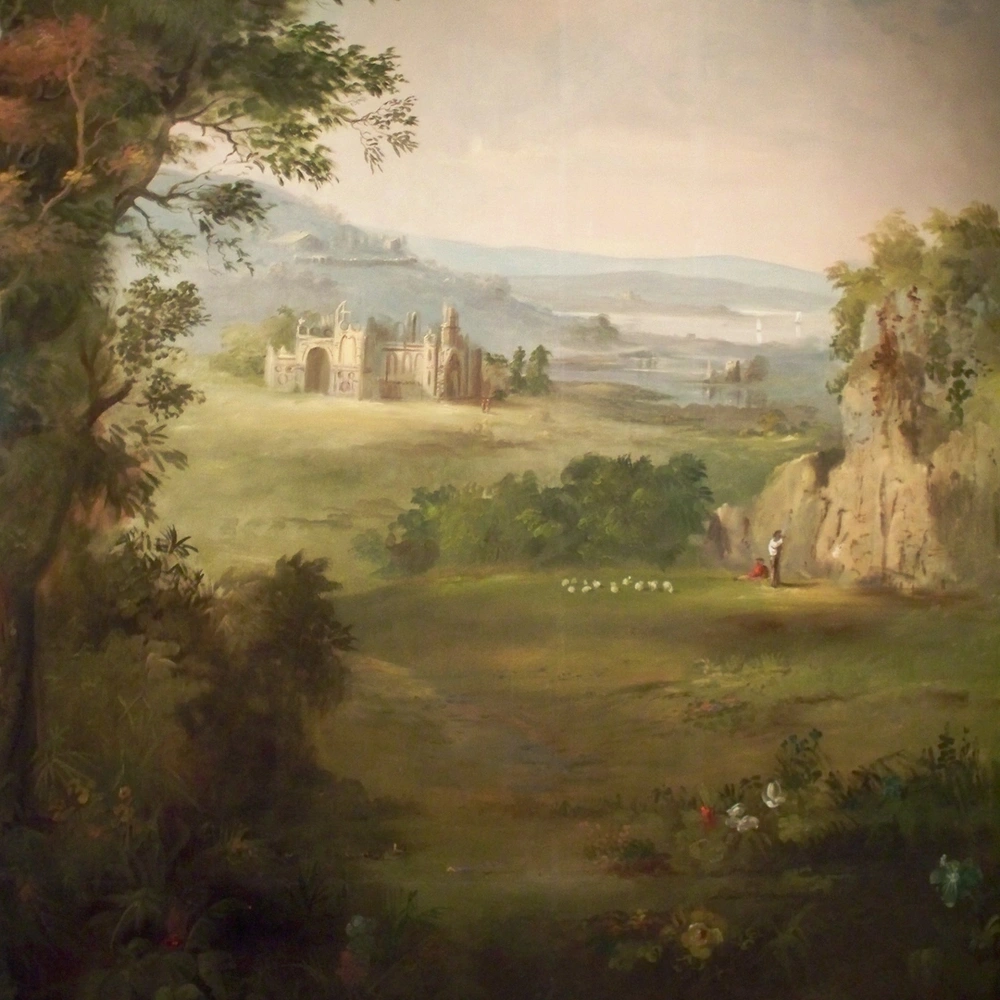 Robert S. Duncanson’s painted landscape mural in the Taft Museum of Art: a pastoral valley with a distant castle under a bright sky, framed by trees.