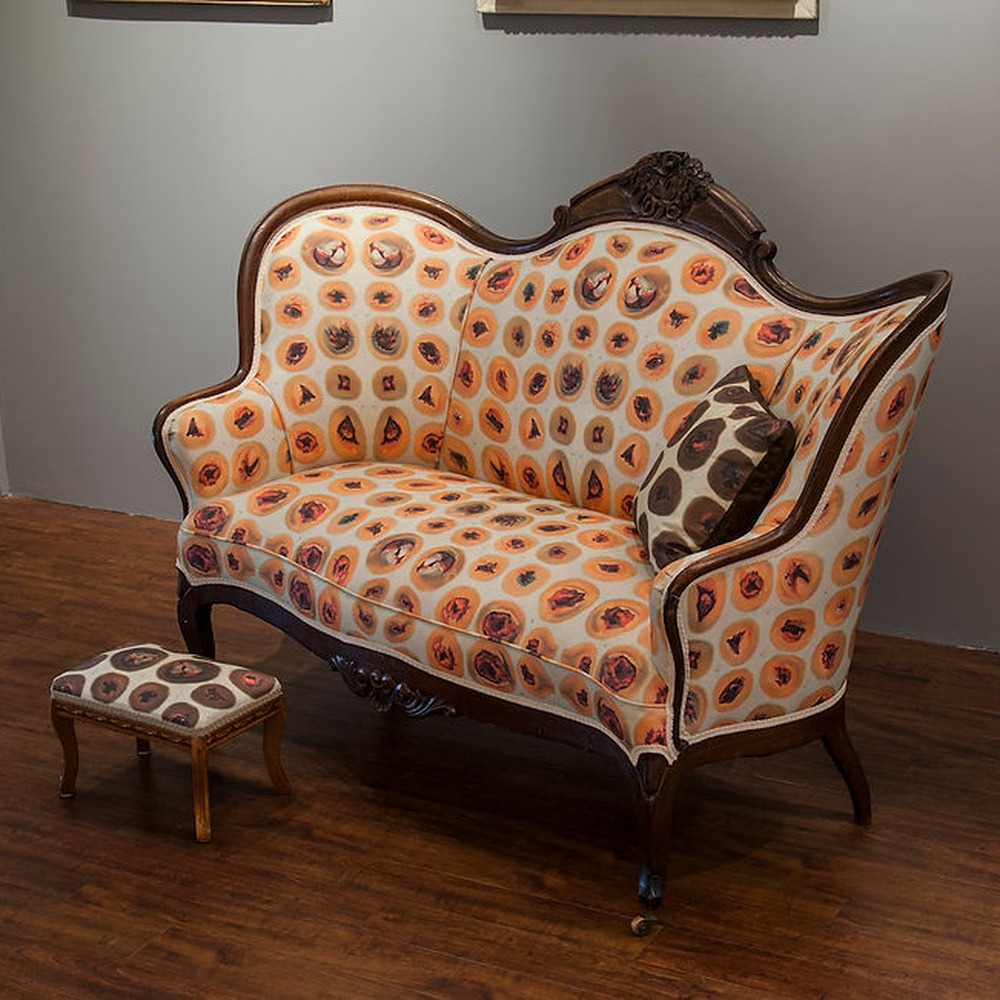 Detail of Kate Kern's Our Nation Mourns settee and footstool