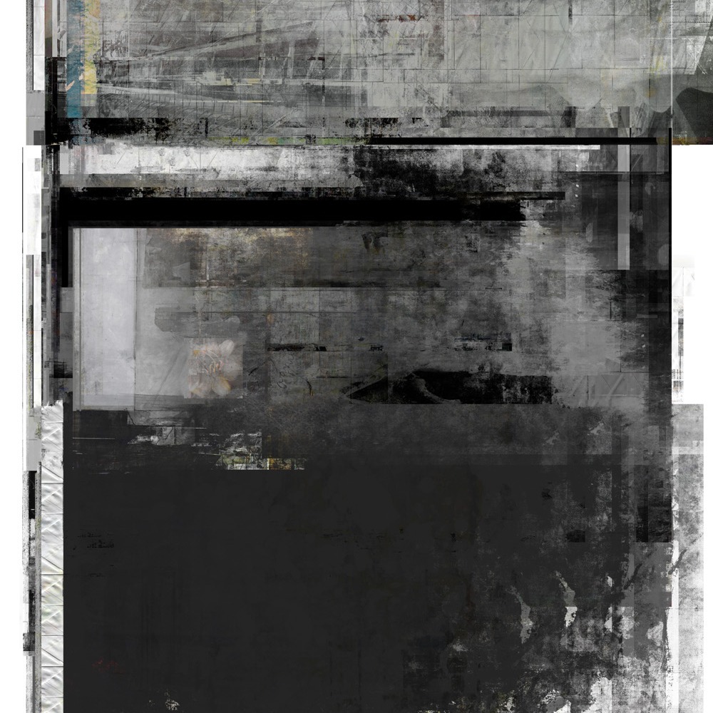 Vertical abstract digital collage in black, white and grey with layered geometric fragments, textured bands and a narrow teal-blue strip at the upper left.