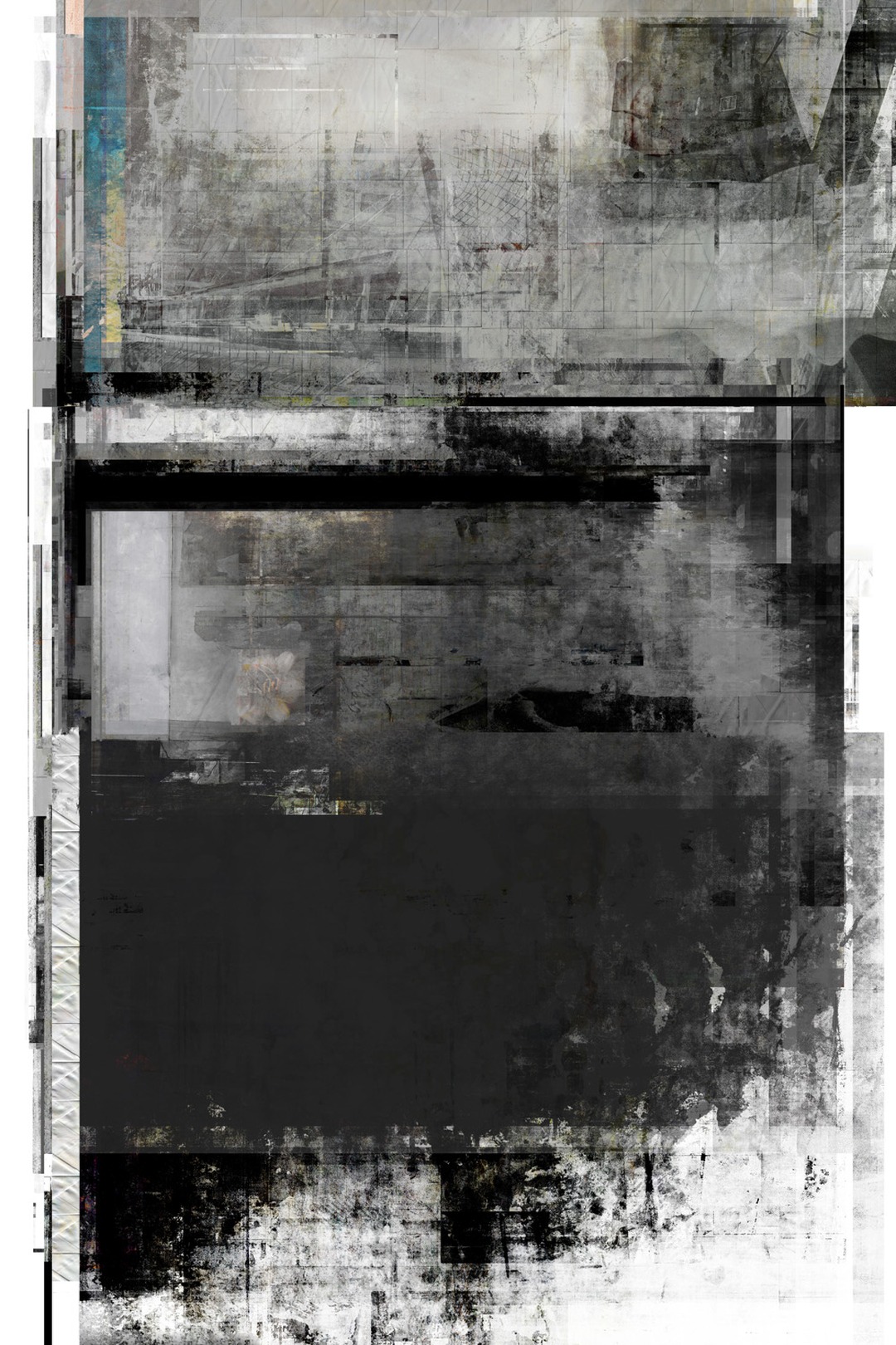 Vertical abstract digital collage in black, white and grey with layered geometric fragments, textured bands and a narrow teal-blue strip at the upper left.