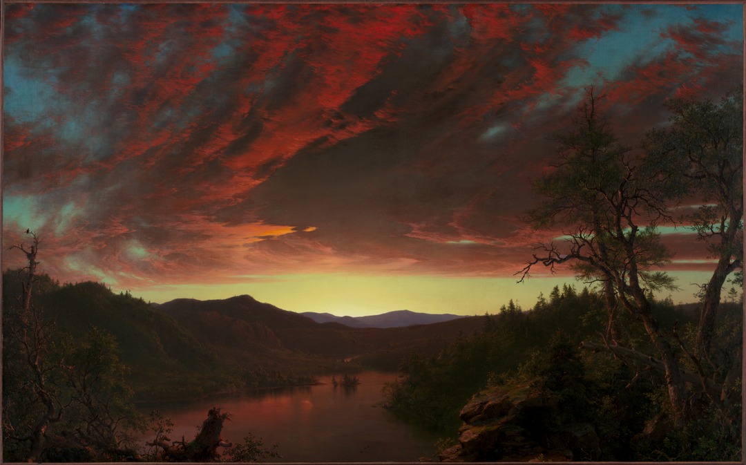 Twilight in the Wilderness by Frederic Edwin Church: dramatic red and orange clouds over a mountain lake at sunset, dark trees framing the view on both sides