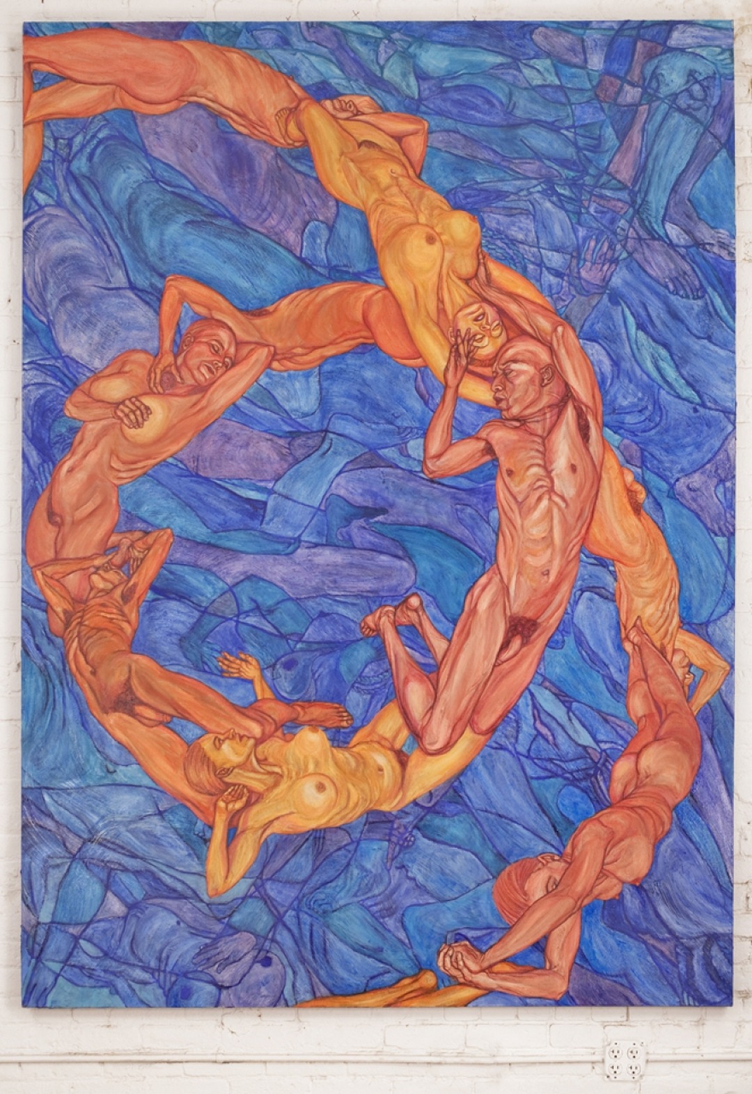 Oil painting of intertwined orange-red nude figures against a deep blue background.