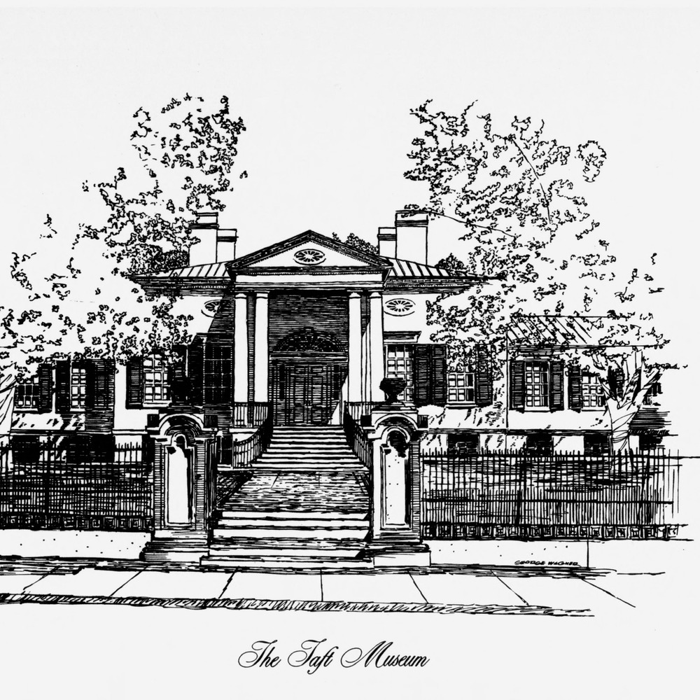 Pen-and-ink drawing of the Taft Museum of Art in Cincinnati: the columned portico and front steps behind an iron fence, framed by trees, captioned The Taft Museum.