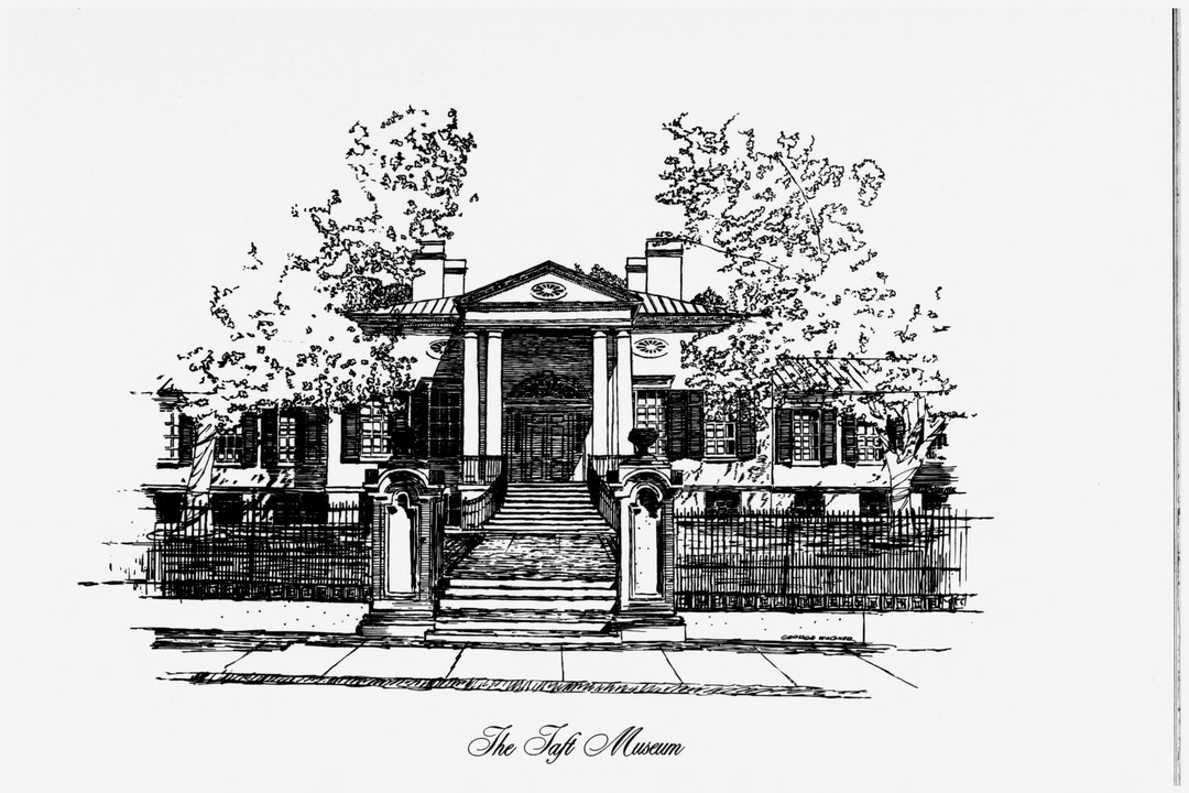 Pen-and-ink drawing of the Taft Museum of Art in Cincinnati: the columned portico and front steps behind an iron fence, framed by trees, captioned The Taft Museum.