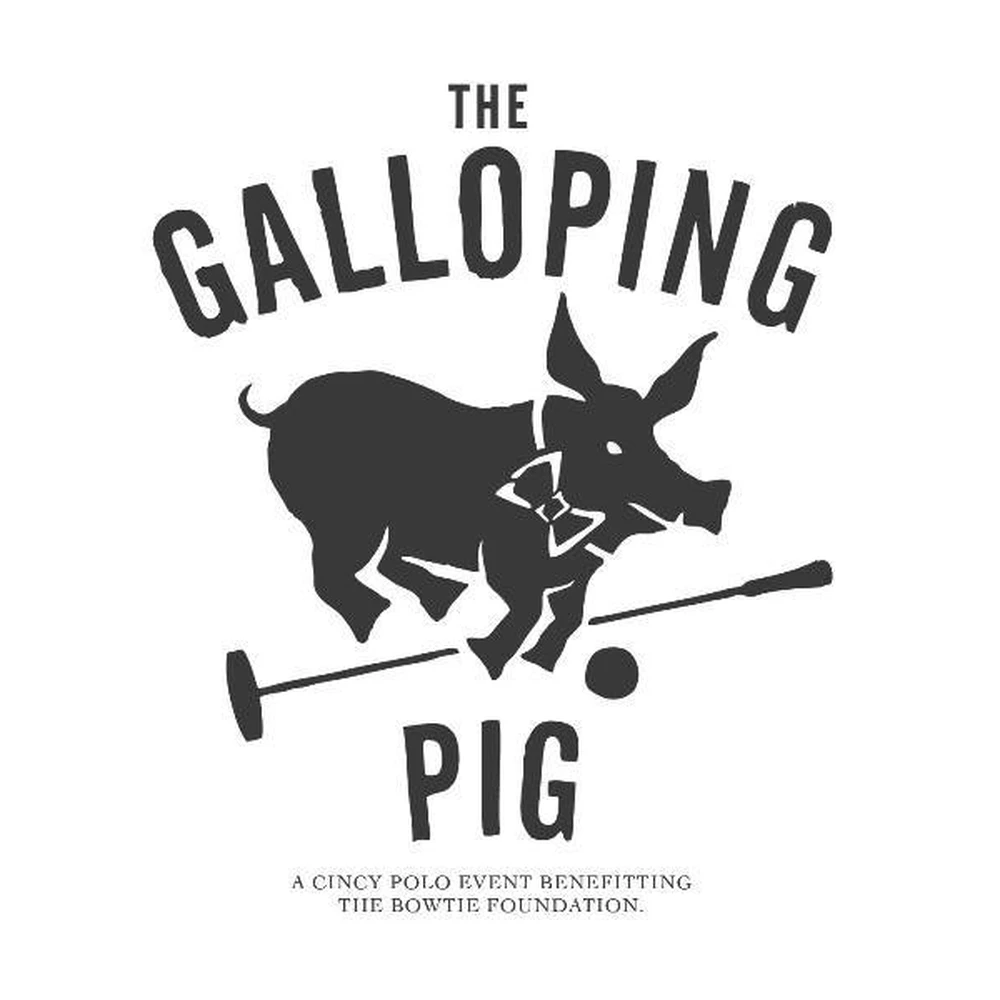 The Galloping Pig event logo: a black silhouette of a pig wearing a bow tie, playing polo with a mallet and ball.