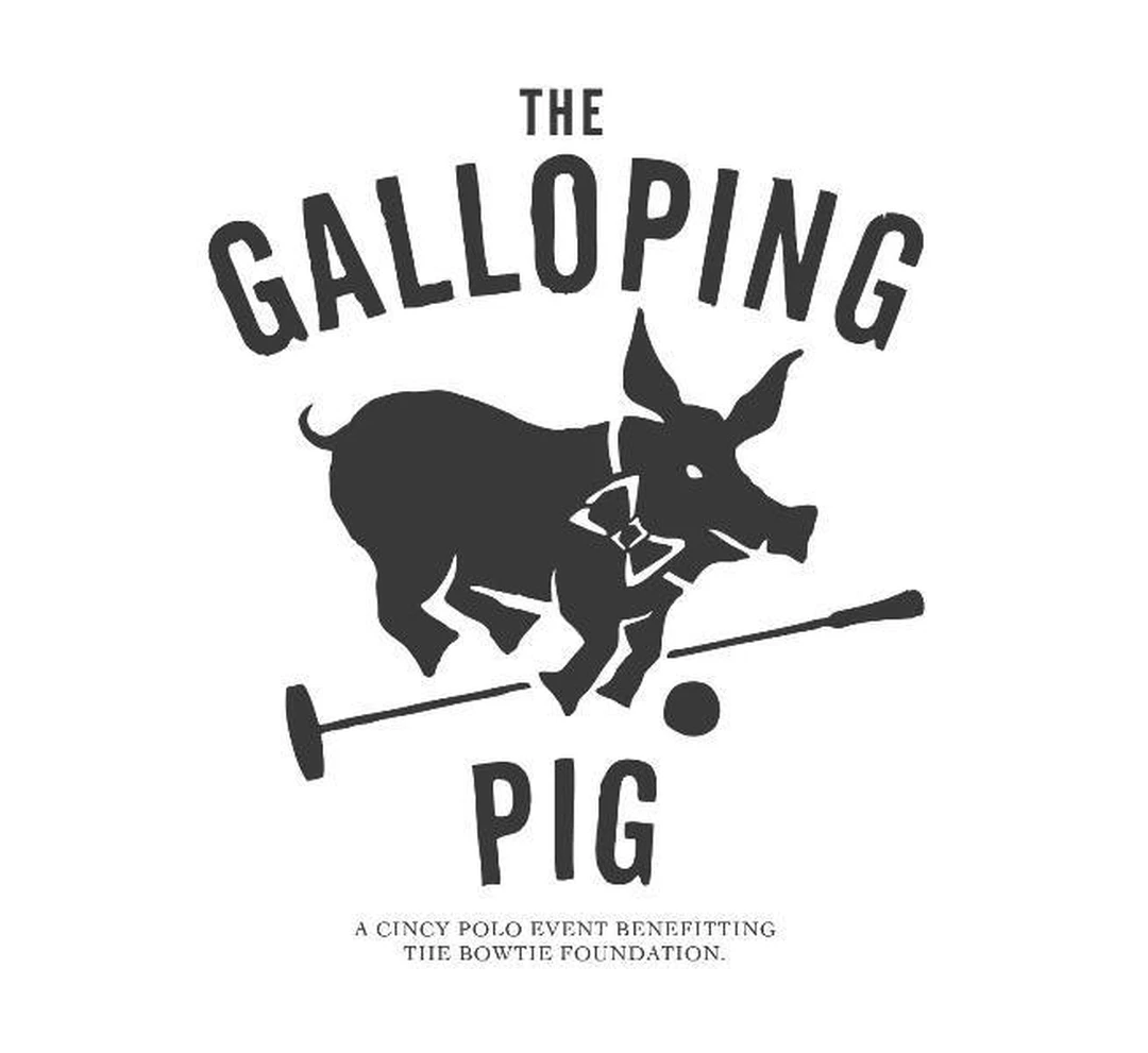 The Galloping Pig event logo: a black silhouette of a pig wearing a bow tie, playing polo with a mallet and ball.