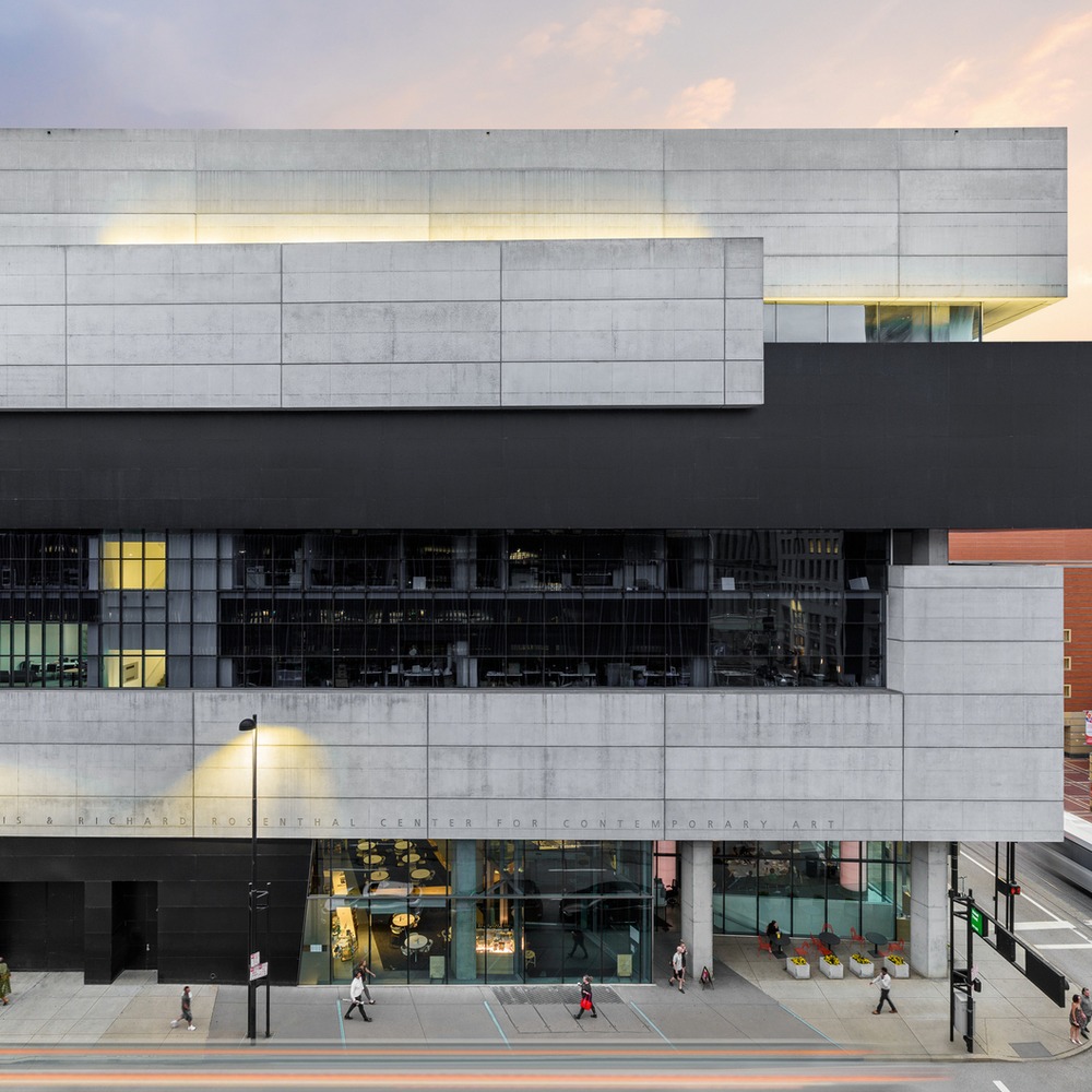 Square detail of the Contemporary Arts Center building in Cincinnati, showing the geometric concrete and black volumes designed by Zaha Hadid.
