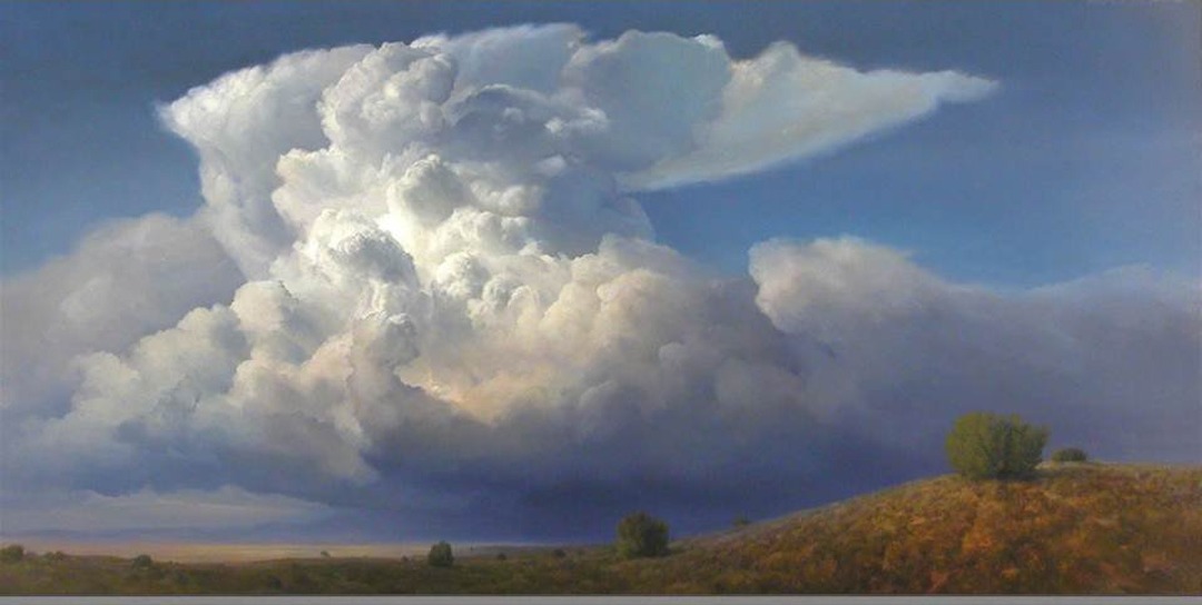 Dramatic towering cloud formation against a dark sky, painting by P. A. Nisbet