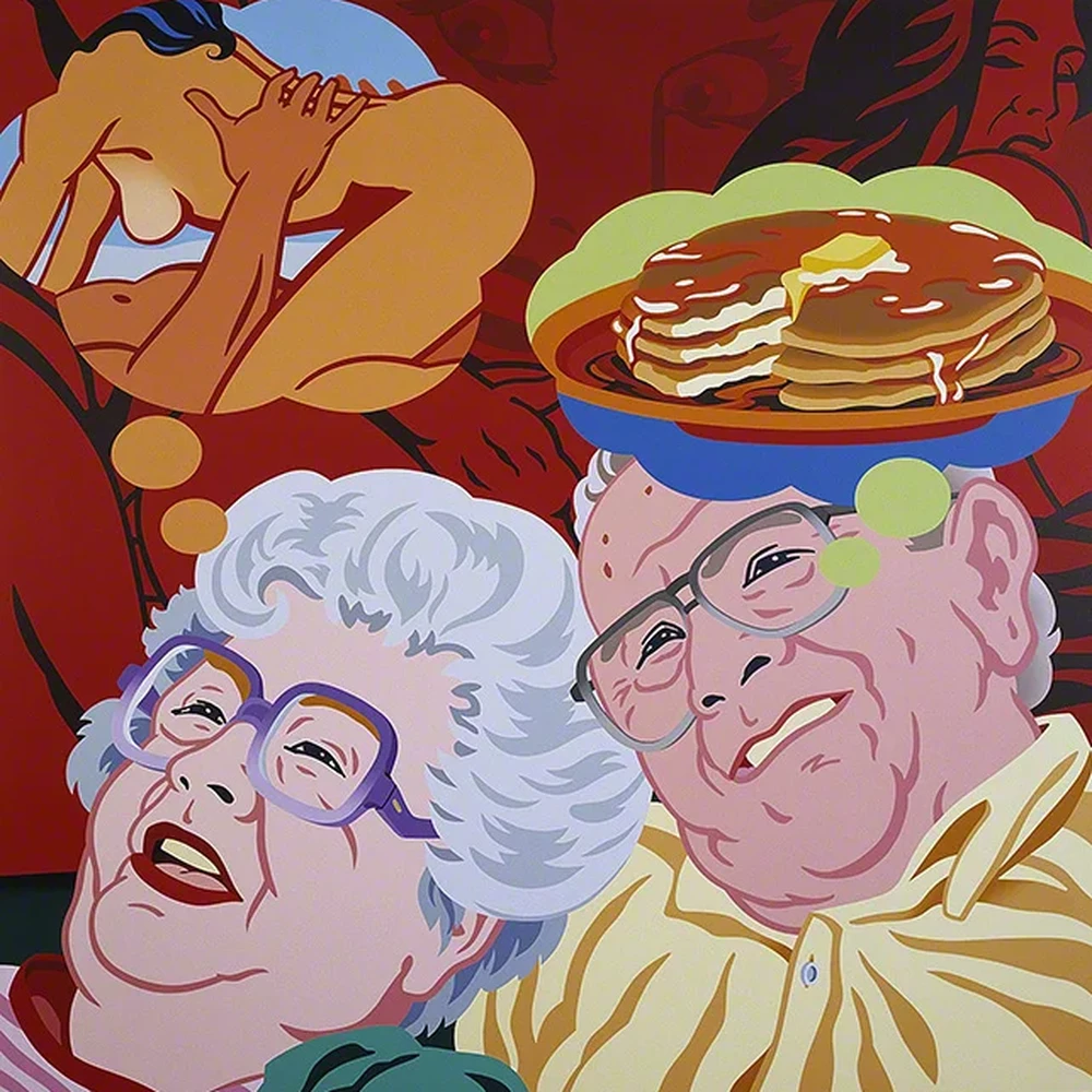 Pop-style painting of an elderly couple seen from below: a white-haired woman in purple glasses and a bald man with glasses, a plate of pancakes with melting butter balanced on his head; a nude figure appears inside a thought bubble above them against a deep red background.