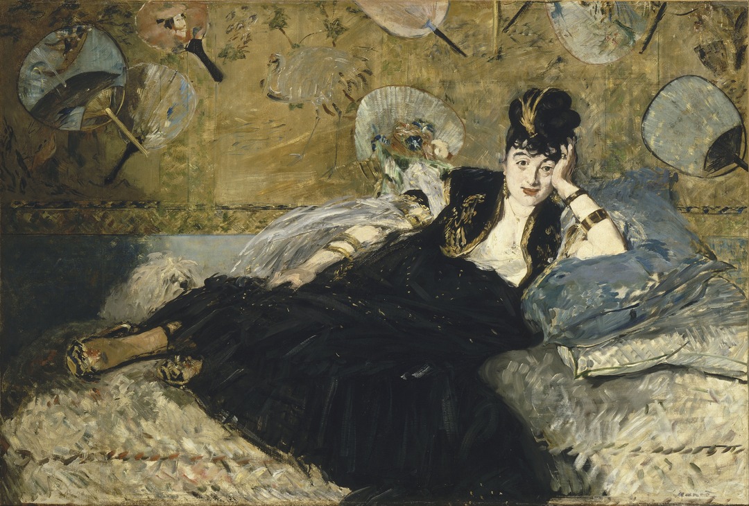 Edouard Manet's 1873 painting Lady with Fans: a reclining woman in black with decorative fans on a gold-patterned wall behind her