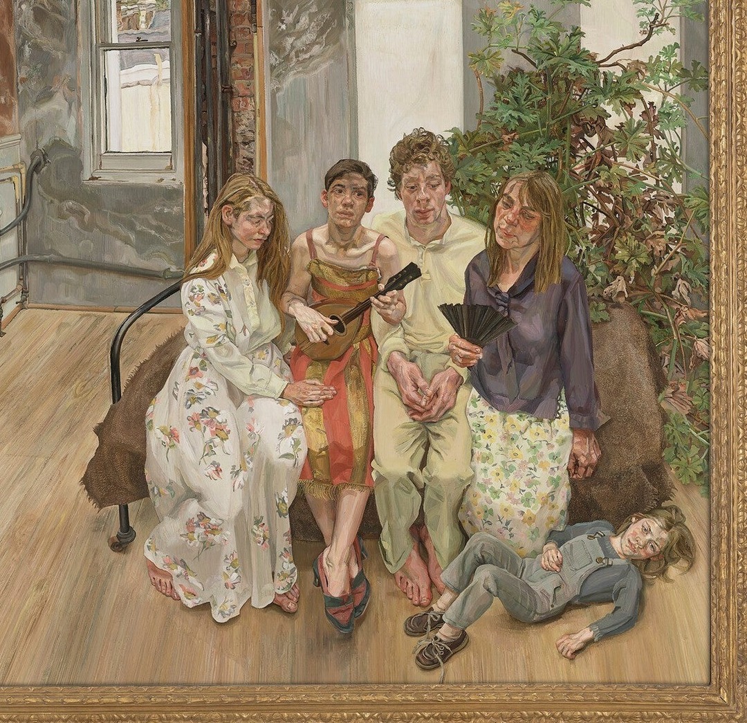 Lucian Freud's Large Interior, W11 (after Watteau), 1981-83: five figures gathered in a London interior, a young woman playing a mandolin, inspired by Watteau's Pierrot Content