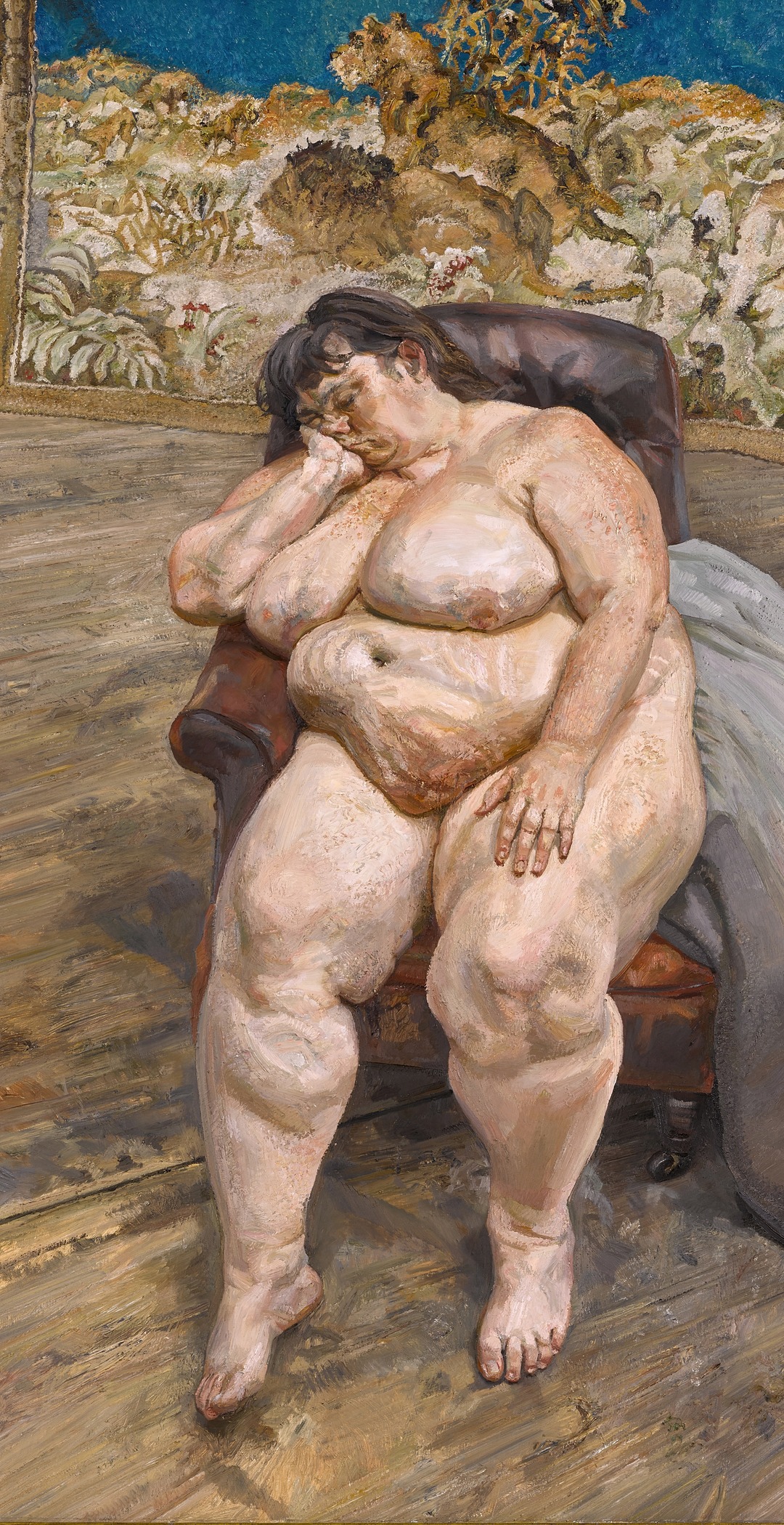 Lucian Freud's Sleeping by the Lion Carpet, 1996: a nude woman asleep in a leather armchair before a woven carpet with lion motifs