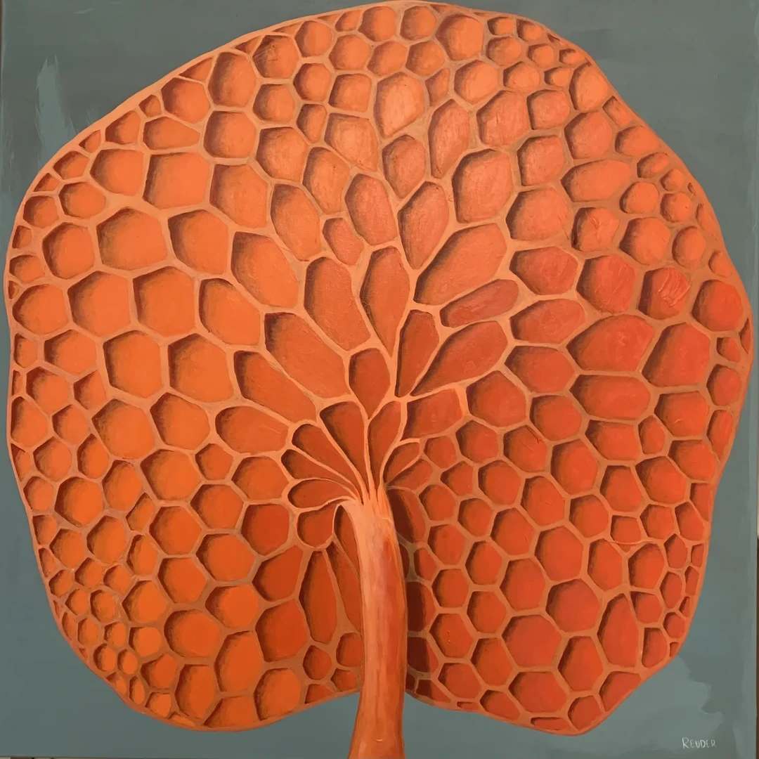 Painting of an orange mushroom with a honeycomb-patterned cap on a gray-green background, signed Redder.