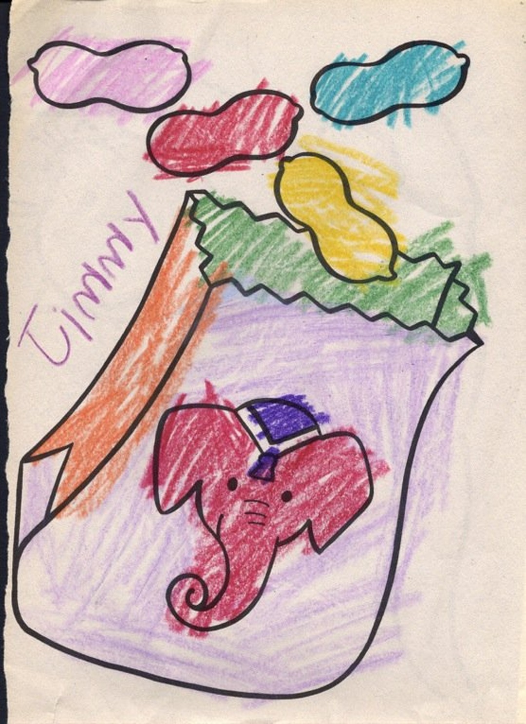 Child's crayon drawing of a red elephant on a coloring page, signed Timmy