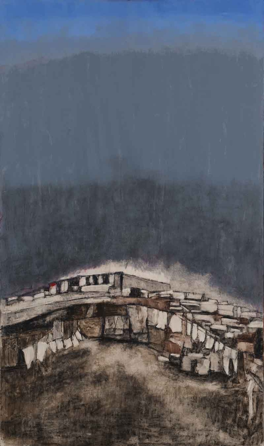 Vertical oil painting of a sprawling factory complex with white rooftops in earthy browns under a vast dark blue-grey sky, a single red accent at left.