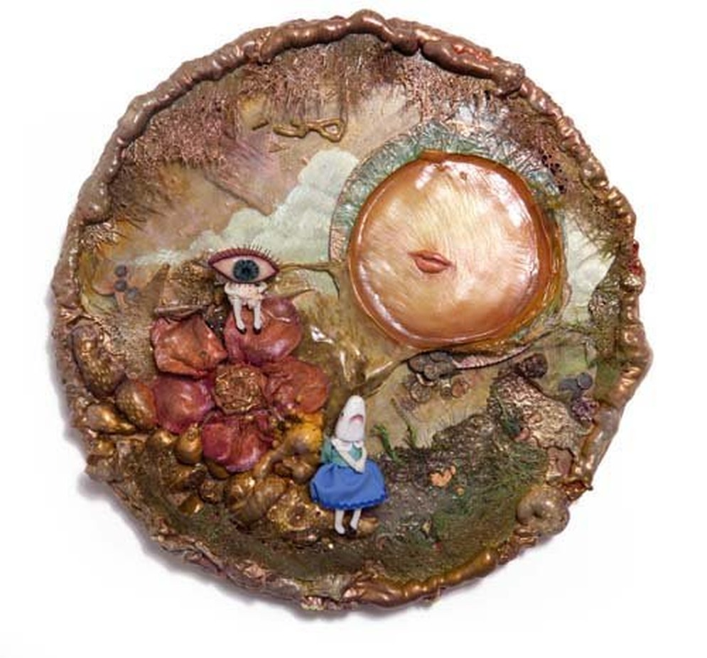 Circular painting of Shark Girl in a blue dress surrounded by warm landscape colors