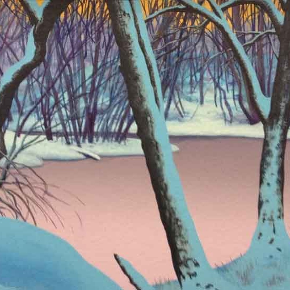 Winter landscape painting with snow-covered trees and a lavender lagoon