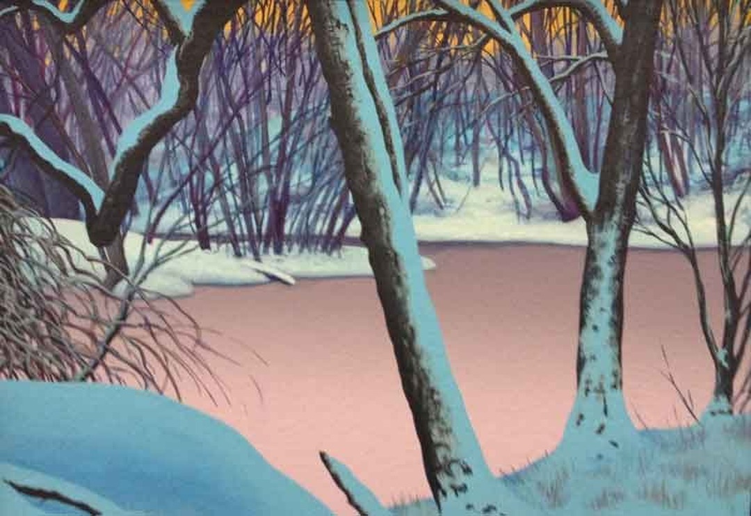 Winter landscape painting with snow-covered trees and a lavender lagoon