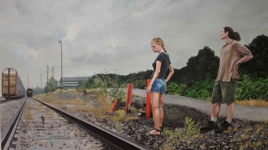Painting of a man and woman standing by railway tracks with a train retreating in the distance