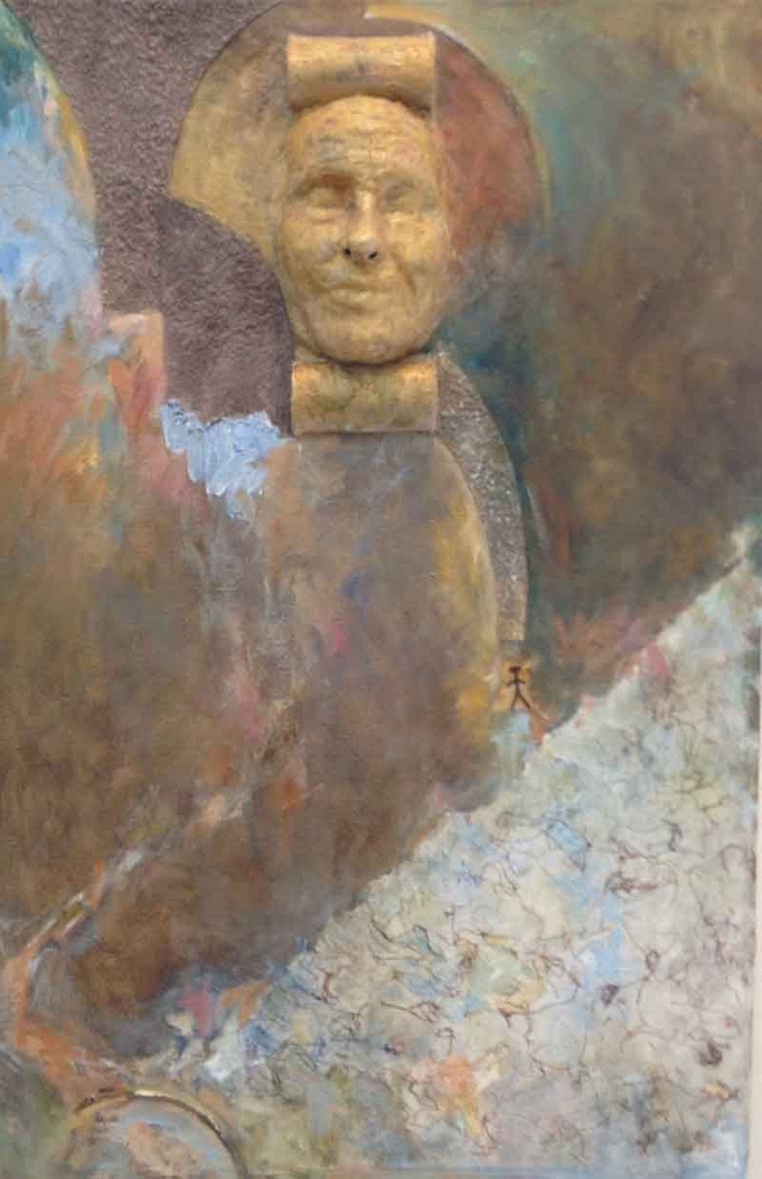 Abstract painting with a gold death mask and a tiny black stick figure