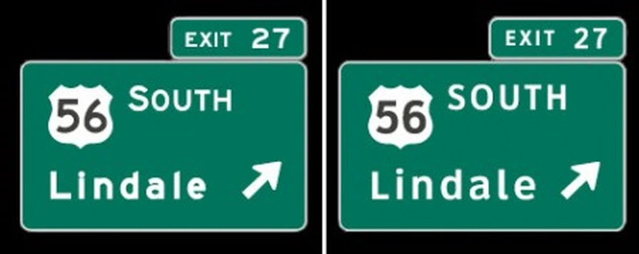 Two green highway signs side by side comparing Highway Gothic (left) with Clearview (right): each reads 'EXIT 27' above '56 SOUTH / Lindale' with an arrow.