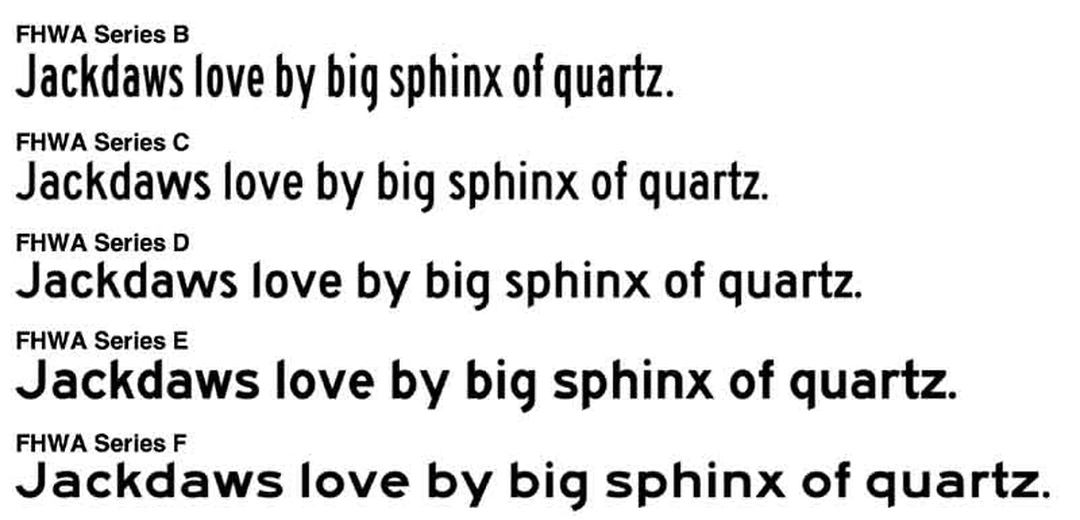 Type specimen showing the FHWA Series typefaces B through F, each labeled above a line reading 'Jackdaws love my big sphinx of quartz.' in progressively bolder weights.