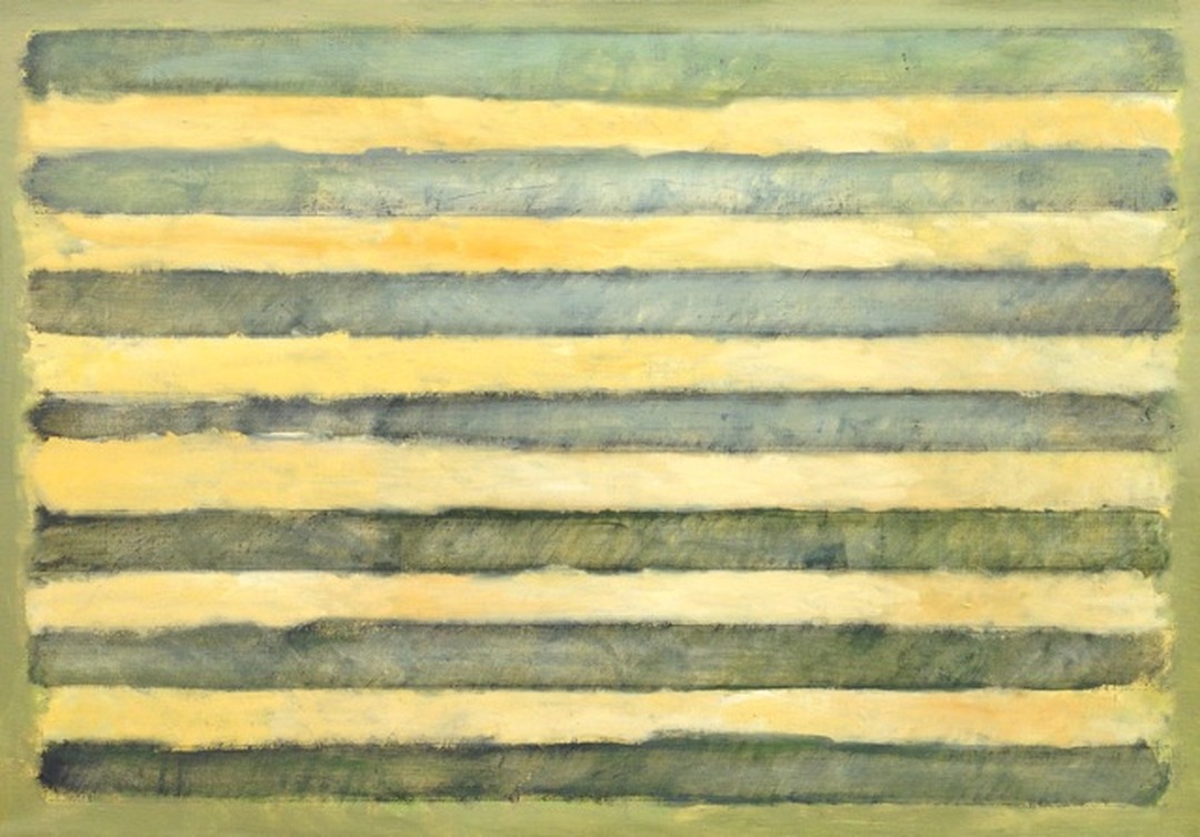 Abstract oil painting of horizontal bands in muted yellow and gray-green, edged by a thin olive border.