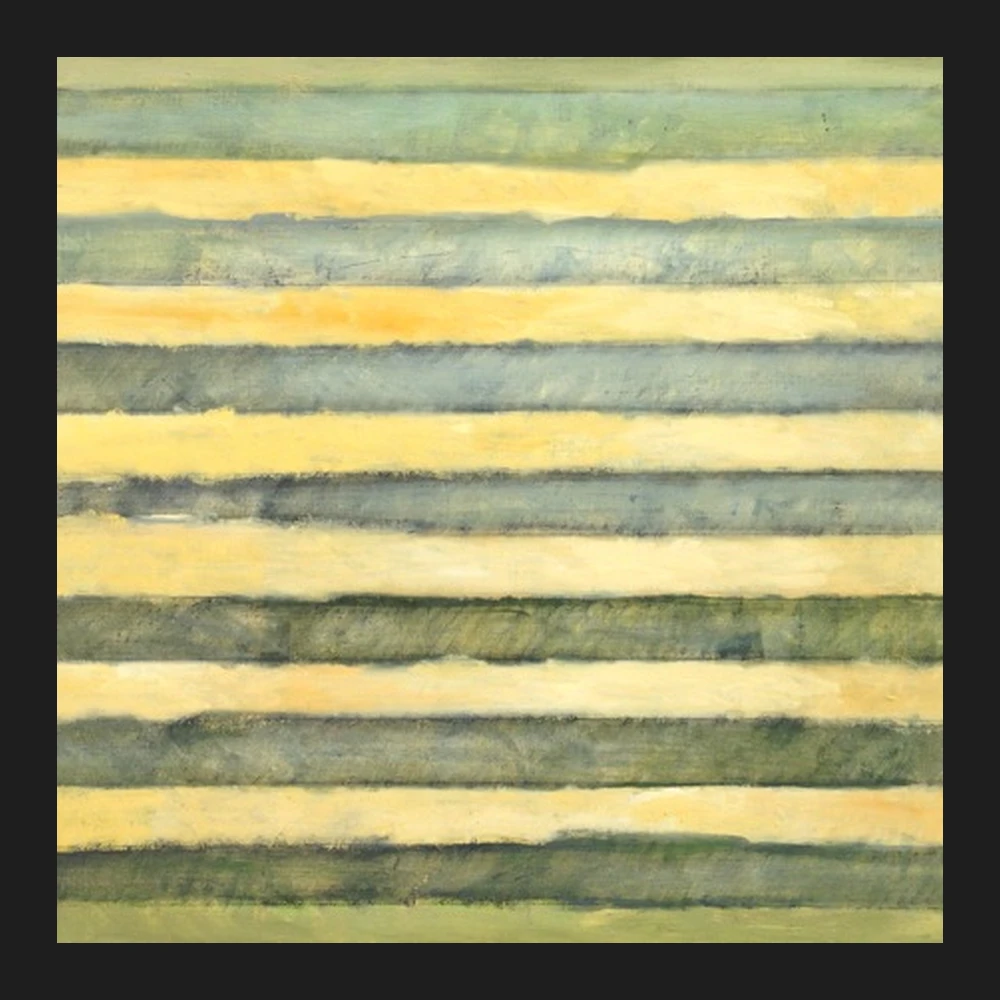 Square detail of the abstract painting: horizontal bands of muted yellow and gray-green.