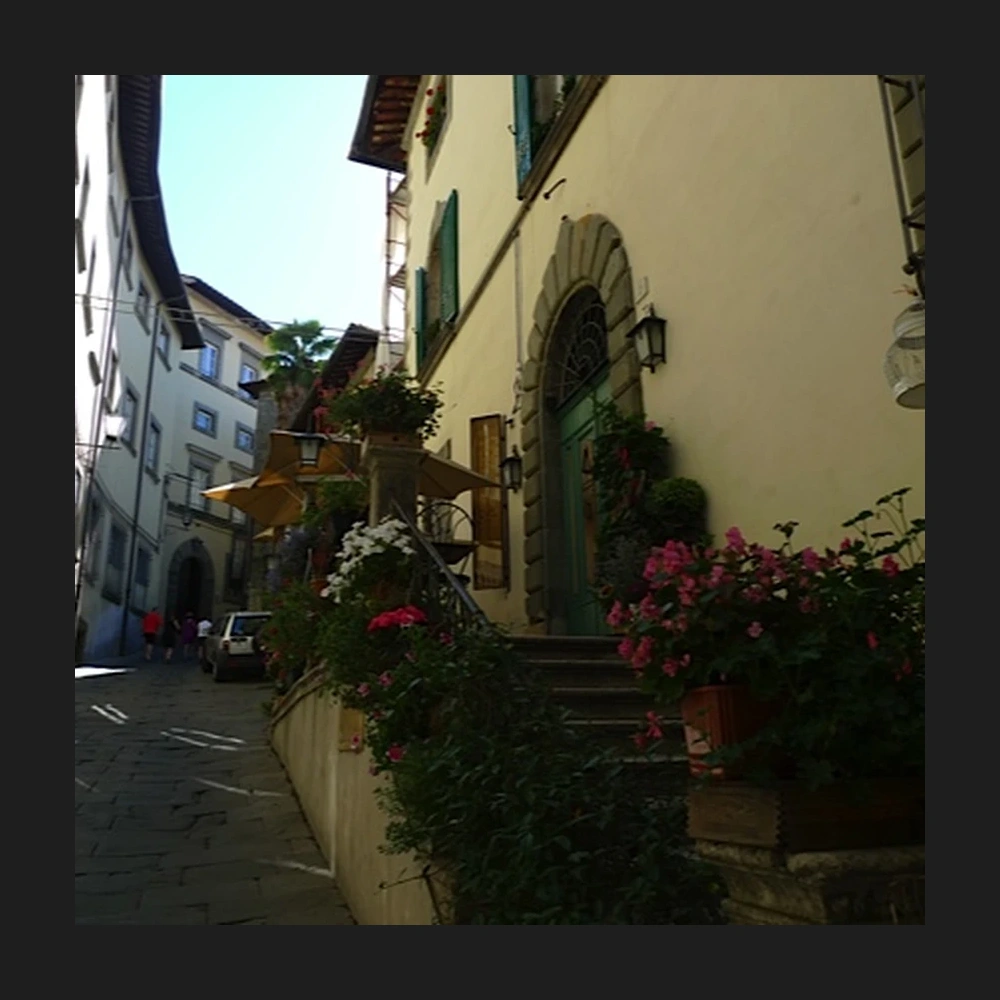 Steep cobbled street in Cortona climbing between old stone buildings, flowering plants on a wall in the foreground.