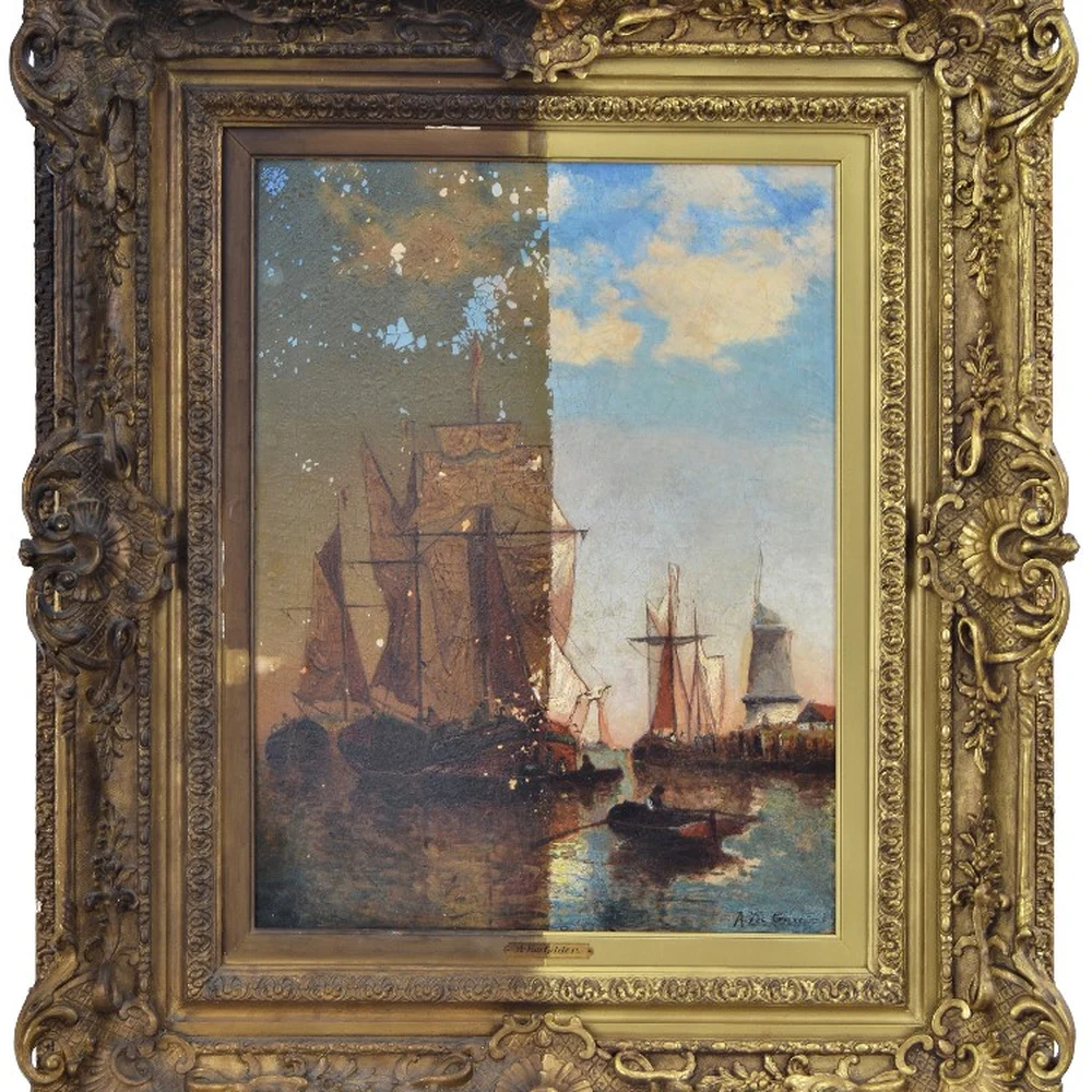 A framed seascape painting split vertically down the middle: the left half darkened and damaged, the right half cleaned and restored, showing sailboats on calm water.