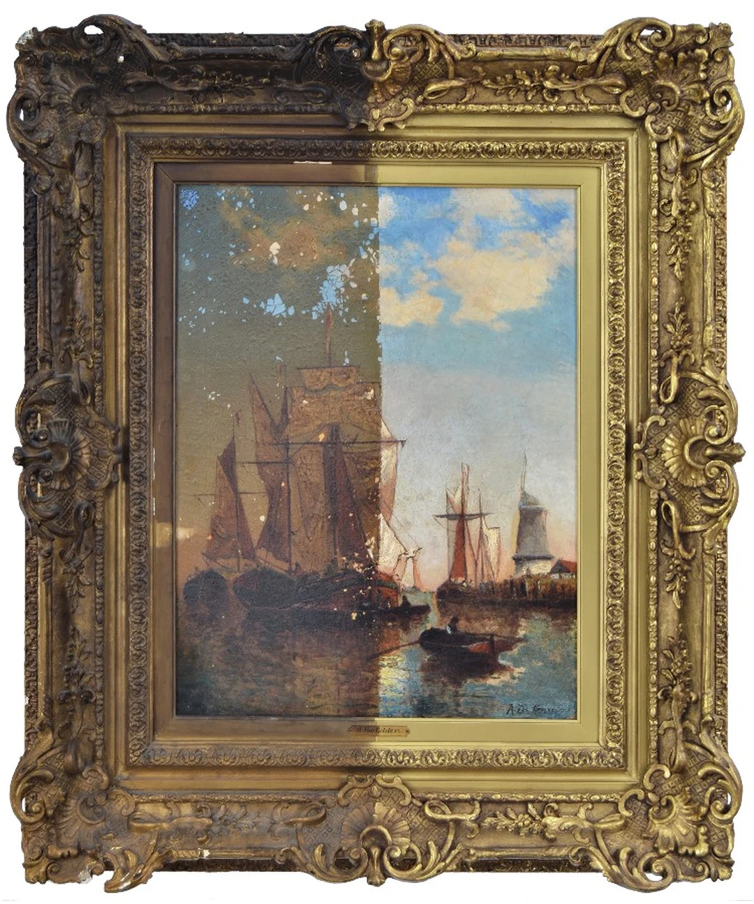 A framed seascape painting split vertically down the middle: the left half darkened and damaged, with paint loss and a dulled gilt frame, the right half cleaned and restored, showing sailboats on calm water.