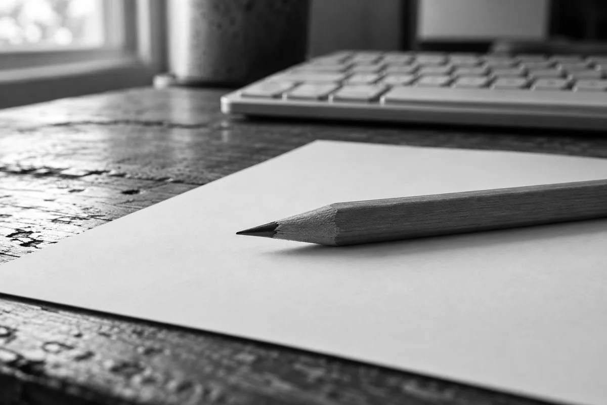 Conceptual AI-generated grayscale still life of a wooden pencil on blank paper with a computer keyboard softly blurred behind it.