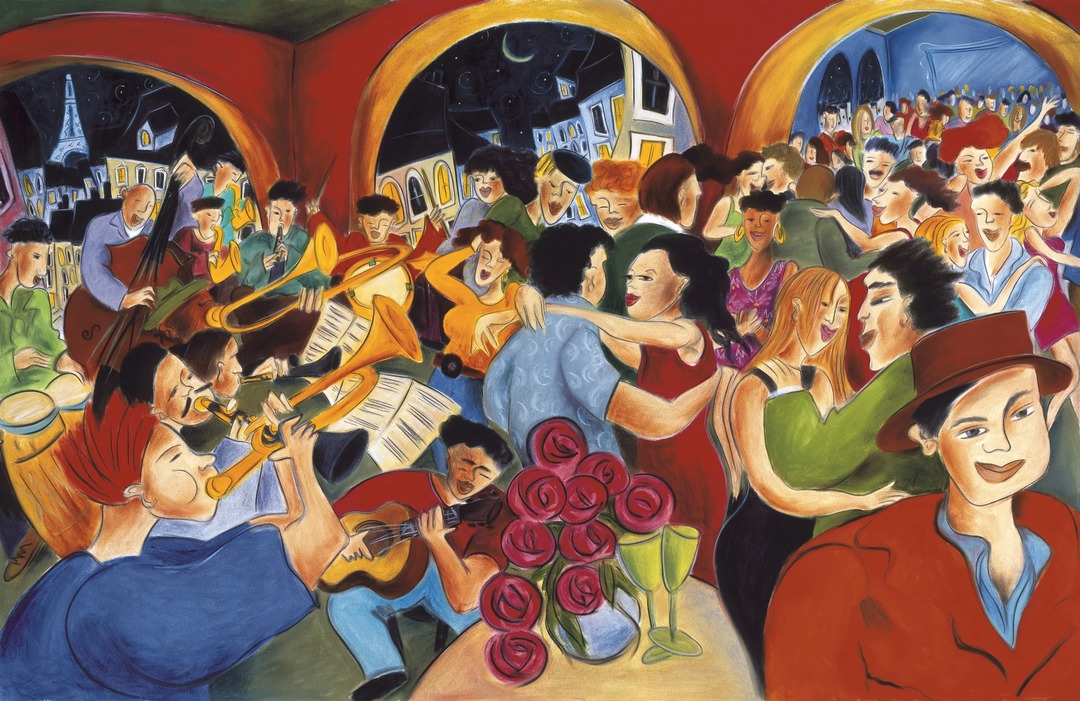 Lively dance-hall scene with musicians playing trumpets and guitar beneath arched night windows, couples dancing, and a bouquet of red roses in the foreground; the Eiffel Tower glimpsed through one arch.