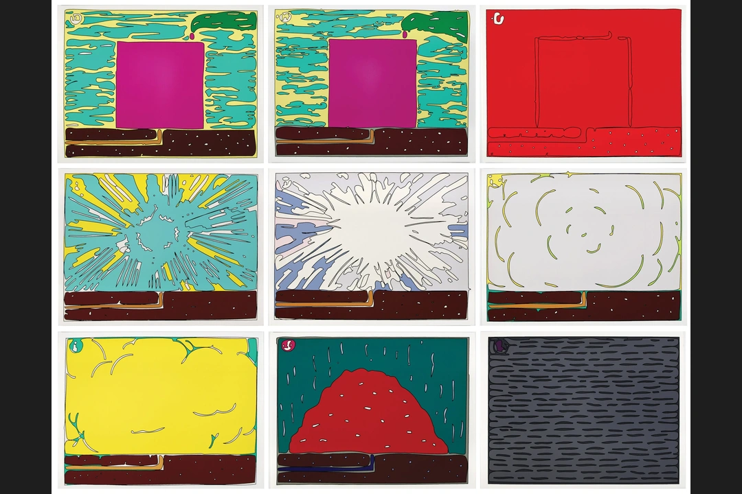 Nine screenprints in a three-by-three grid, each showing a flat-colored cell with a brown base strip: magenta, red, yellow, a white burst, a red mound and a dark gray field.