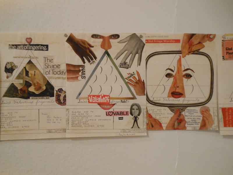 Detail of mail-art collages with cut-out hands and the words “the art of fingering” and “Lovable”. Photo: Cynthia Kukla.